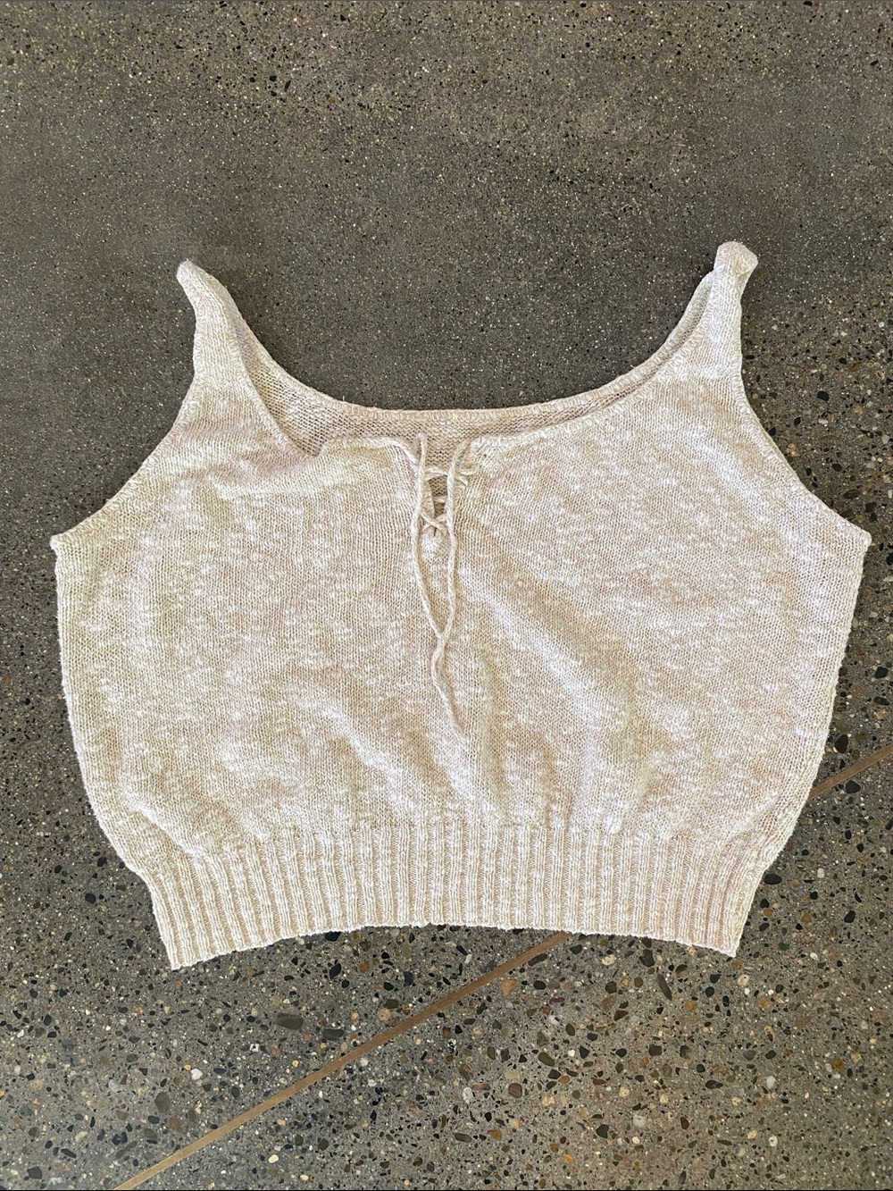 Vintage crop knit tank top heathered oatmeal cream beige tie front small